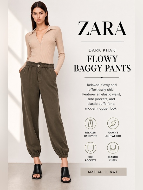 Zara Pants - ZARA Dark Khaki Flowy Baggy Jogger Pants NWT XL